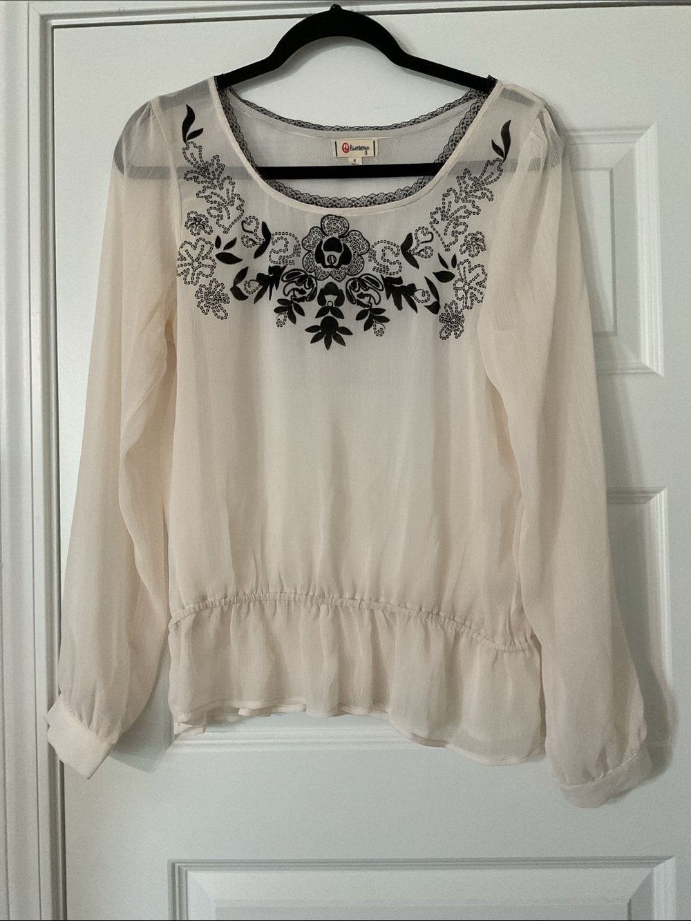 Olsenboye Sheer Embroidered Peplum Blouse Ivory Black Boho Medium